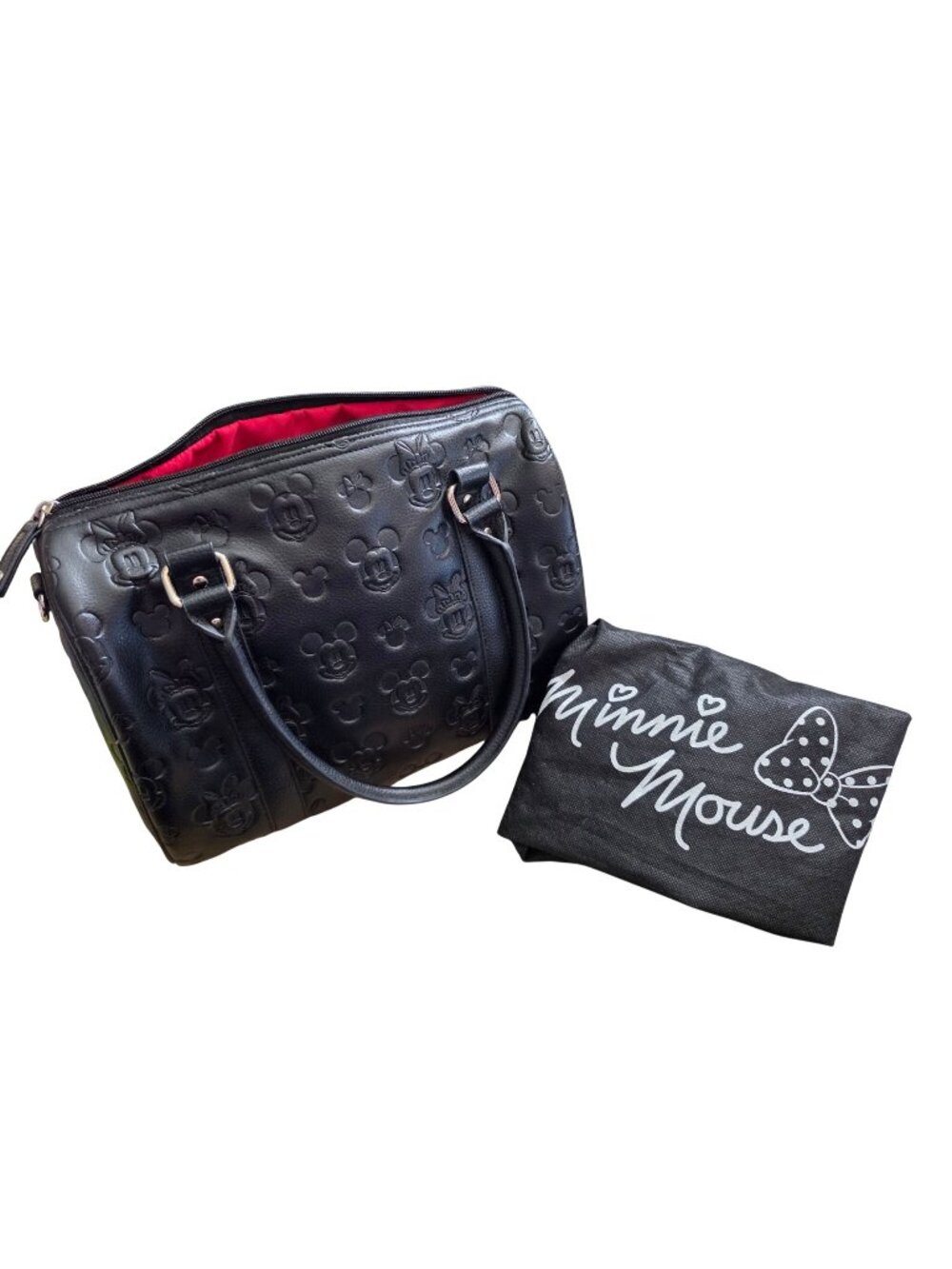 Loungefly Disney Mickey Minnie Embossed Black Barrel Bowler Satchel Purse w/ Dus
